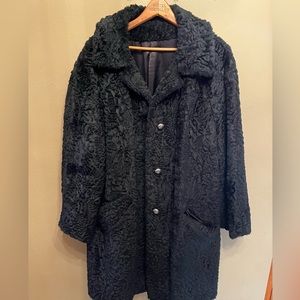 Vintage Faux Fur Black Jacket Collared Sheered Lamb Custom Made Large Trench